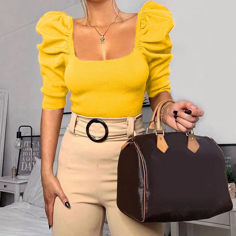 Sexy Puff Sleeve Bare Midriff Thread Knitted T Shirt Women Half Sleeves Bottoming Shirt Ladies Tee Shirt Tops Camisetas Mujer