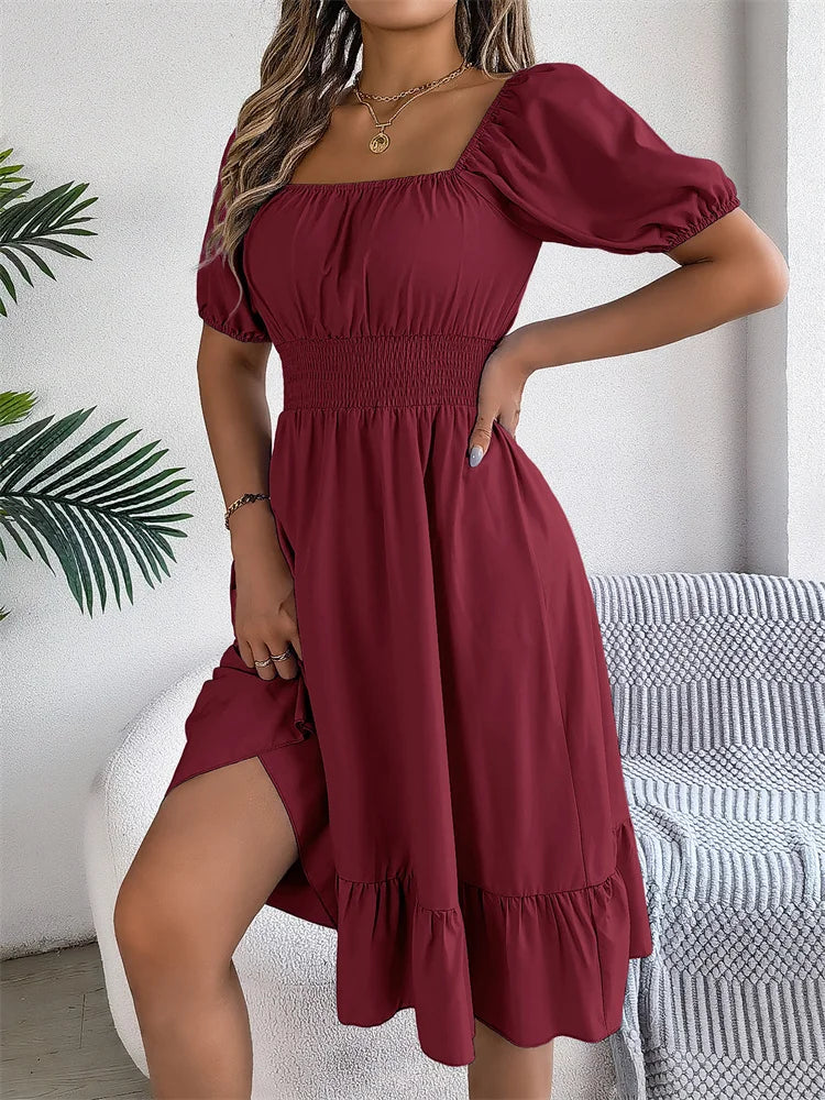 Msfilia Leisure Square Collar Spring Summer Dress Women Short Sleeve Loose Waist Design Lotus Leaf A-shaped Print Dress
