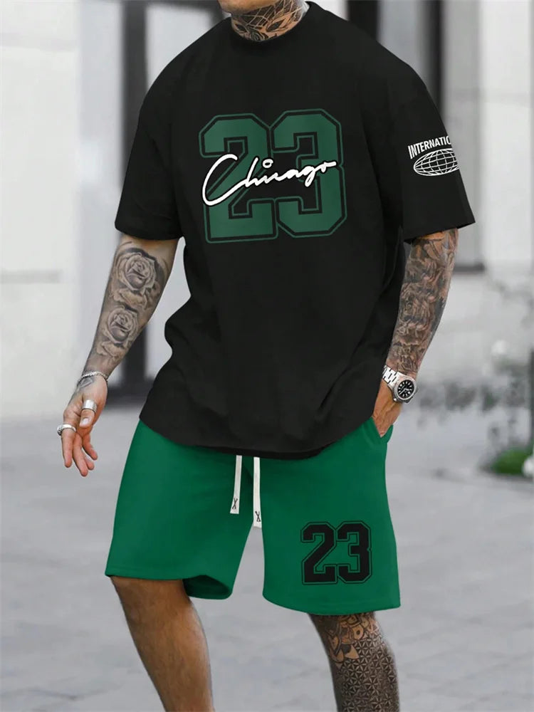 Summer Men's Short Sleeve T-shirt Shorts 2-piece Set Plus Size T Shirt Clothing O-neck T-shirts Side Pocket Elastic Waist Shorts