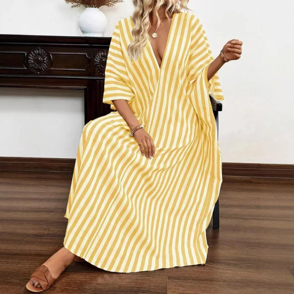 Casual Oversized Women's Dress, 2025 Summer New Sexy Deep V-neck Loose Striped Print Long Women's Dress Beach Vacation Sundress