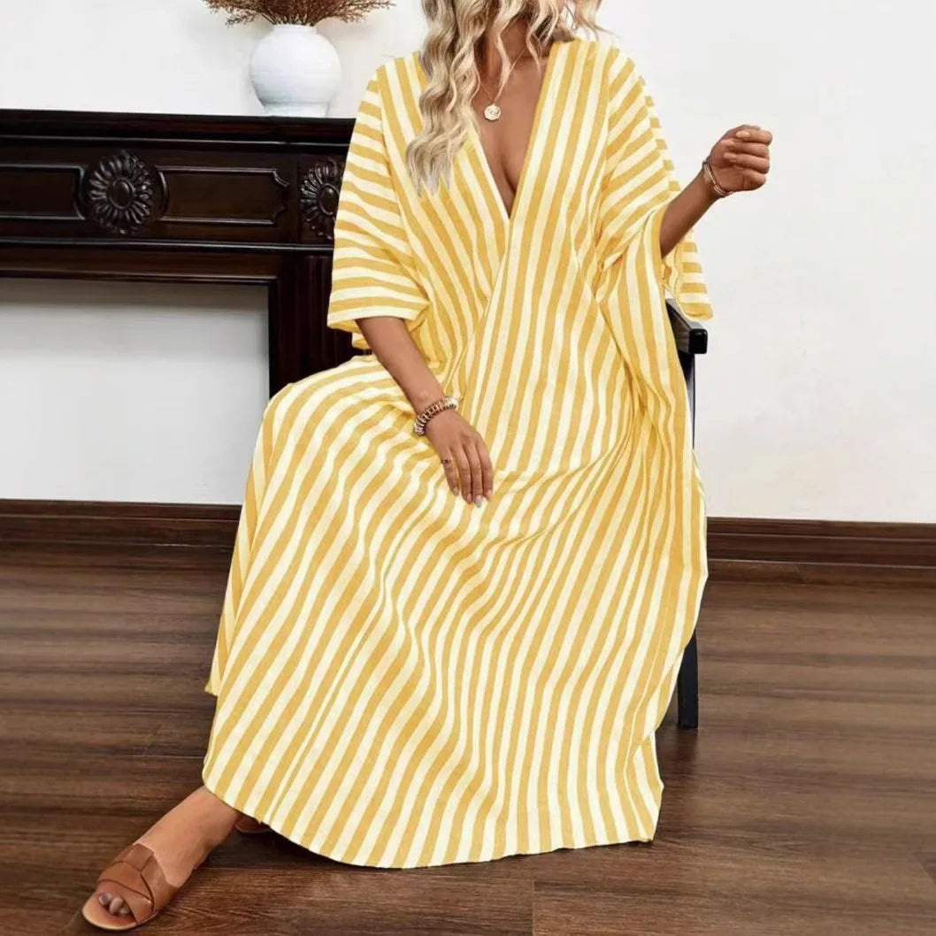 Casual Oversized Women's Dress, 2025 Summer New Sexy Deep V-neck Loose Striped Print Long Women's Dress Beach Vacation Sundress