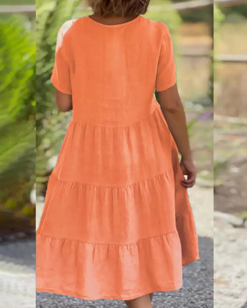Cotton Linen Casual Women's Dresses 2025 Spring/Summer Sweet  Short Sleeve Solid V-neck Large Swing Loose Dress  S-5XL