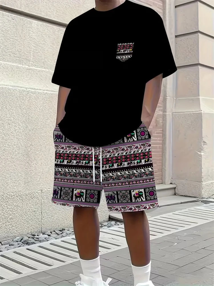 Cool And Trendy 3D Printed Men's Casual Short-sleeved Suit With Riding Style, New Men's Round-neck Short-sleeved Top And Shorts