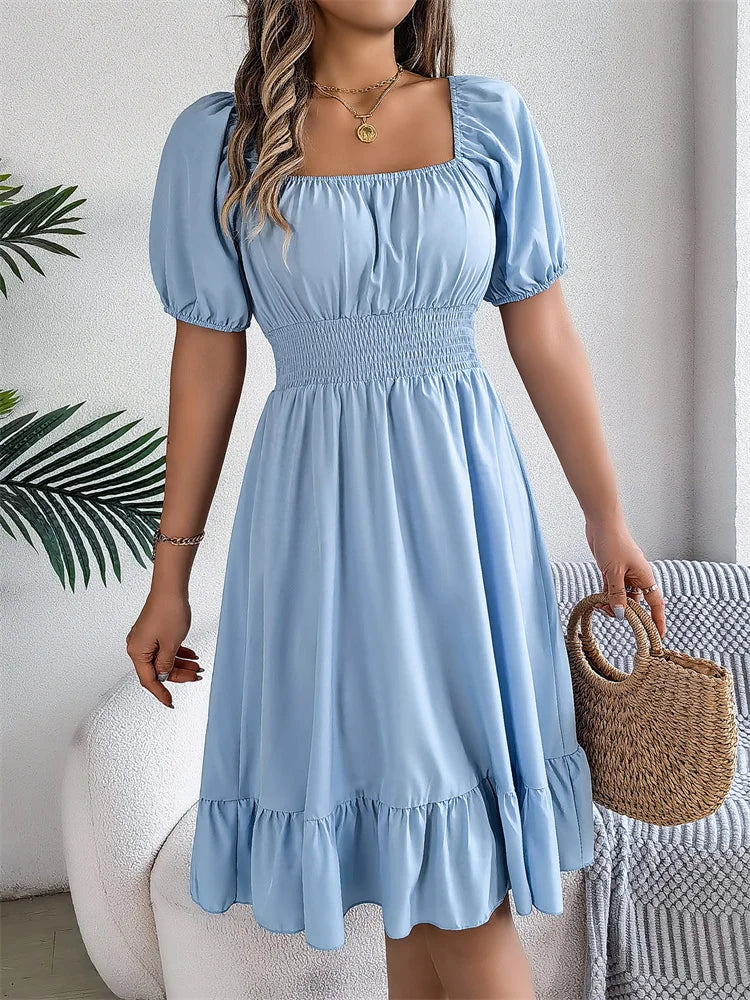 Msfilia Leisure Square Collar Spring Summer Dress Women Short Sleeve Loose Waist Design Lotus Leaf A-shaped Print Dress