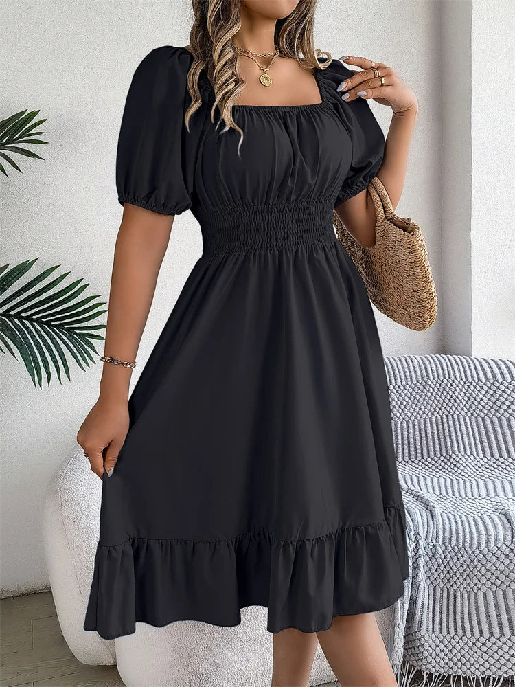 Msfilia Leisure Square Collar Spring Summer Dress Women Short Sleeve Loose Waist Design Lotus Leaf A-shaped Print Dress
