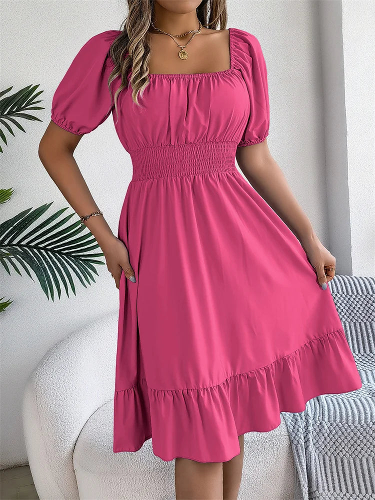 Msfilia Leisure Square Collar Spring Summer Dress Women Short Sleeve Loose Waist Design Lotus Leaf A-shaped Print Dress