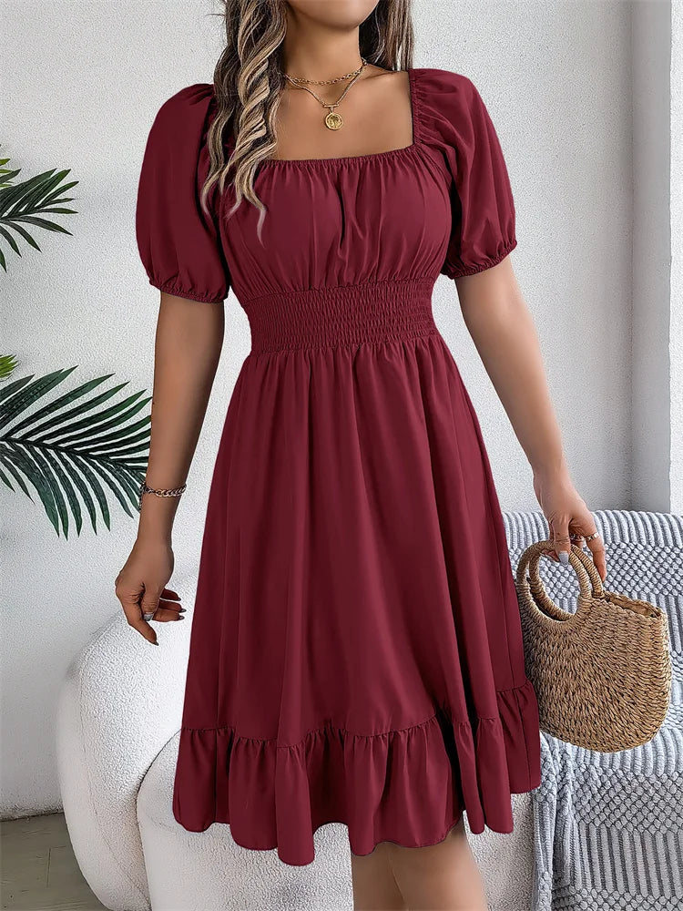 Msfilia Leisure Square Collar Spring Summer Dress Women Short Sleeve Loose Waist Design Lotus Leaf A-shaped Print Dress
