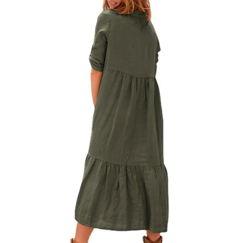 Women's New Cotton And Linen Mid Length Irregular Dress Autumn Loose Twist Button V-neck Half Sleeve Pullover Casual Dress Robe