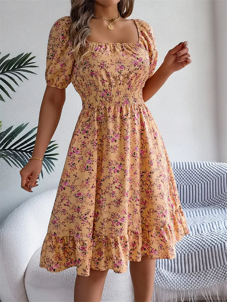Msfilia Leisure Square Collar Spring Summer Dress Women Short Sleeve Loose Waist Design Lotus Leaf A-shaped Print Dress