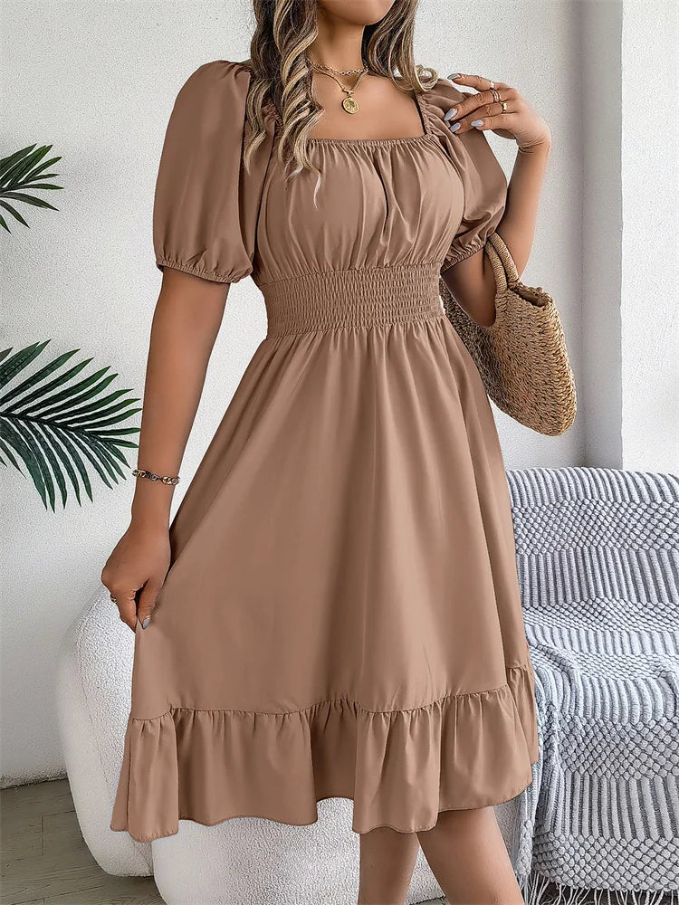 Msfilia Leisure Square Collar Spring Summer Dress Women Short Sleeve Loose Waist Design Lotus Leaf A-shaped Print Dress