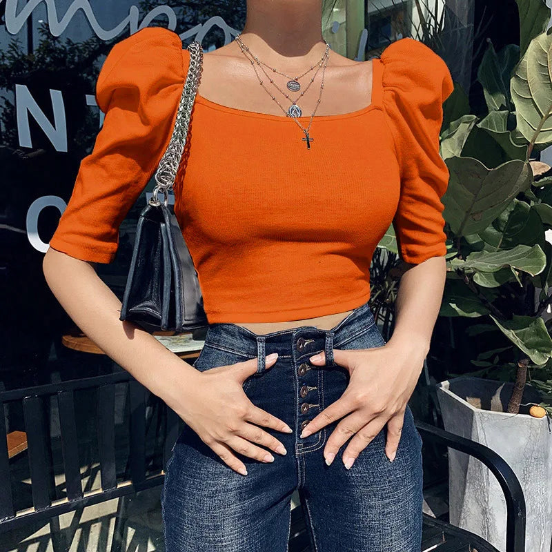 Sexy Puff Sleeve Bare Midriff Thread Knitted T Shirt Women Half Sleeves Bottoming Shirt Ladies Tee Shirt Tops Camisetas Mujer