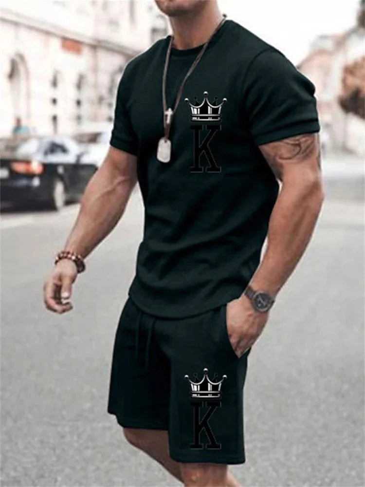 New Summer Men's Casual Suit Oversized Two-Piece Simple Casual Streetwear King Print Beach Suit Men's T-Shirt Shorts Sportswear