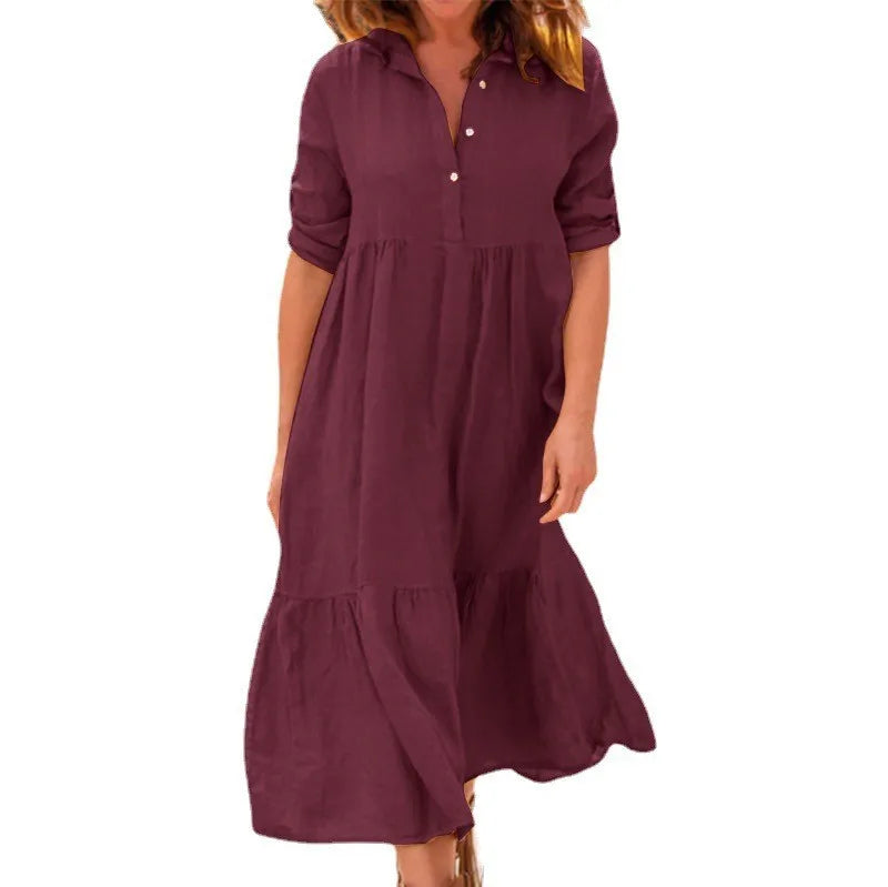 Women's New Cotton And Linen Mid Length Irregular Dress Autumn Loose Twist Button V-neck Half Sleeve Pullover Casual Dress Robe
