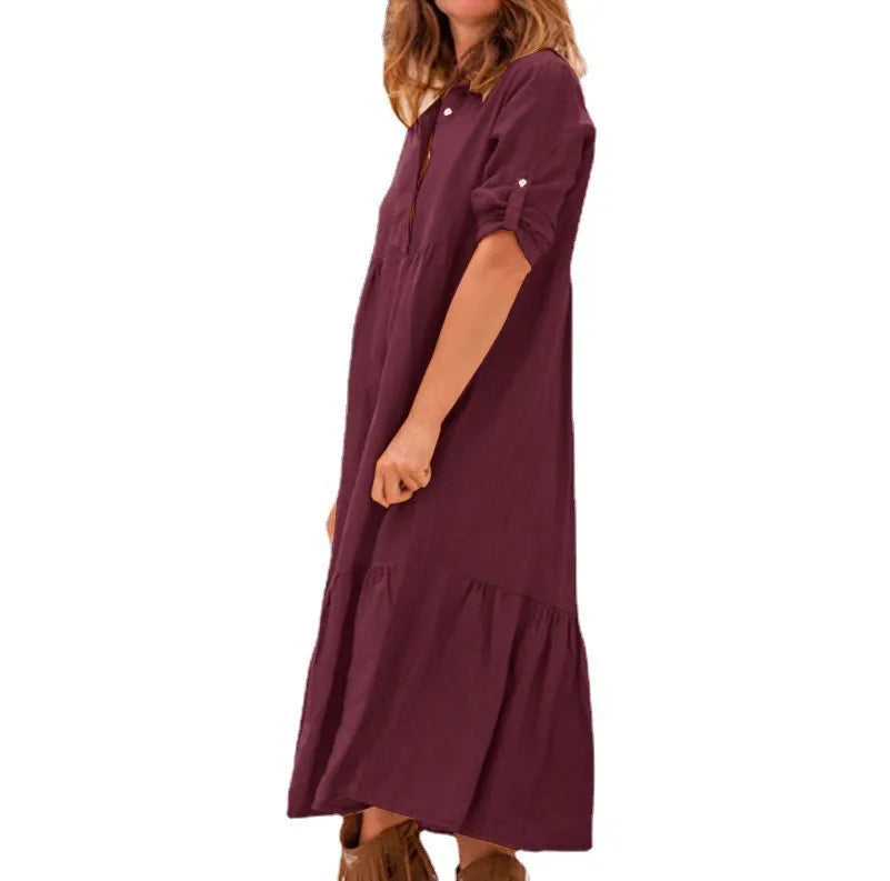 Women's New Cotton And Linen Mid Length Irregular Dress Autumn Loose Twist Button V-neck Half Sleeve Pullover Casual Dress Robe