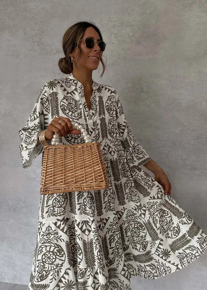 Casual Bohemian Style Print Midi Dresses Women Fashion V-neck 3/4 Sleeve Loose Shirt Dress Summer Female Beach Dress Vestidos