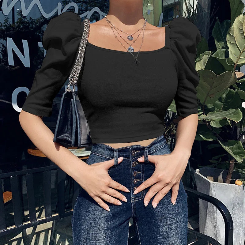 Sexy Puff Sleeve Bare Midriff Thread Knitted T Shirt Women Half Sleeves Bottoming Shirt Ladies Tee Shirt Tops Camisetas Mujer