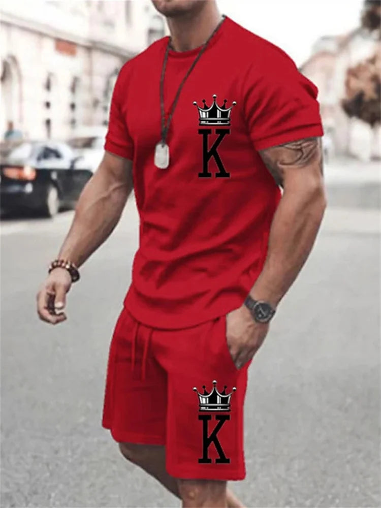New Summer Men's Casual Suit Oversized Two-Piece Simple Casual Streetwear King Print Beach Suit Men's T-Shirt Shorts Sportswear