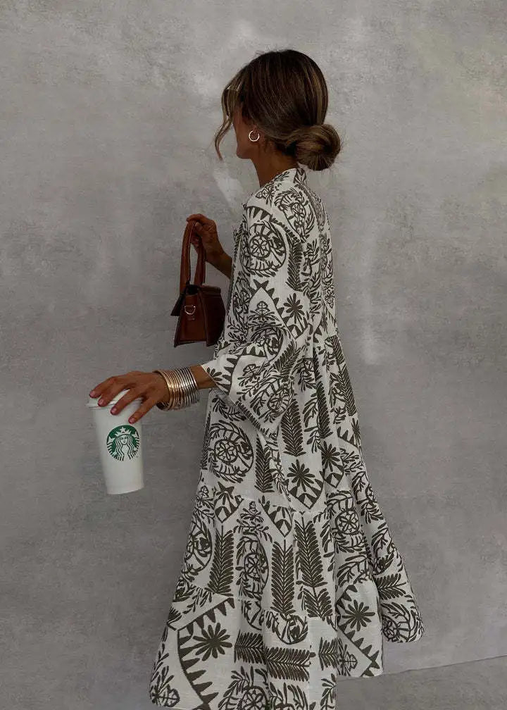Casual Bohemian Style Print Midi Dresses Women Fashion V-neck 3/4 Sleeve Loose Shirt Dress Summer Female Beach Dress Vestidos
