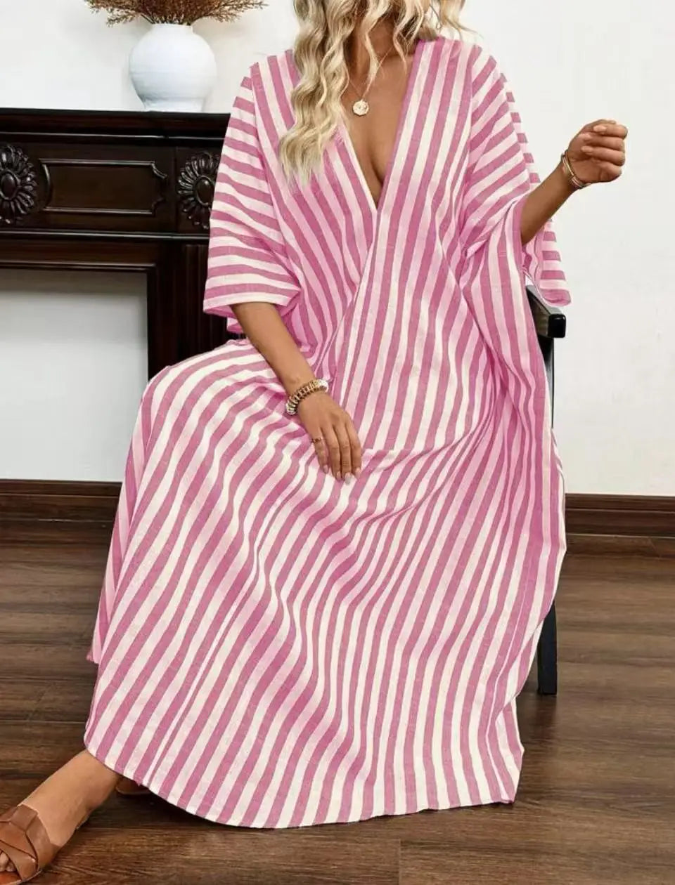 Casual Oversized Women's Dress, 2025 Summer New Sexy Deep V-neck Loose Striped Print Long Women's Dress Beach Vacation Sundress