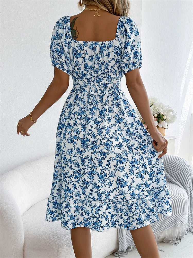 Msfilia Leisure Square Collar Spring Summer Dress Women Short Sleeve Loose Waist Design Lotus Leaf A-shaped Print Dress