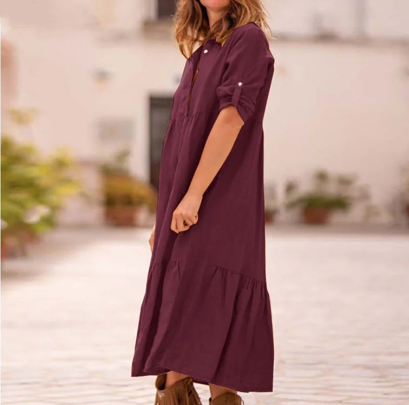 Women's New Cotton And Linen Mid Length Irregular Dress Autumn Loose Twist Button V-neck Half Sleeve Pullover Casual Dress Robe
