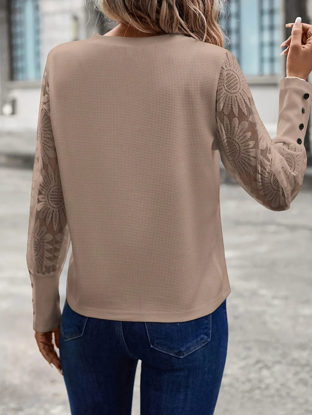 Woman Beige Waffle Knit Top Lace Paneled Floral Sleeves Button Cuffs Round Neck for Casual Chic Street Fashion Daily Wear