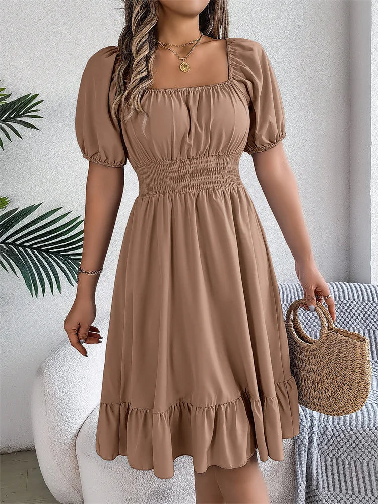 Msfilia Leisure Square Collar Spring Summer Dress Women Short Sleeve Loose Waist Design Lotus Leaf A-shaped Print Dress
