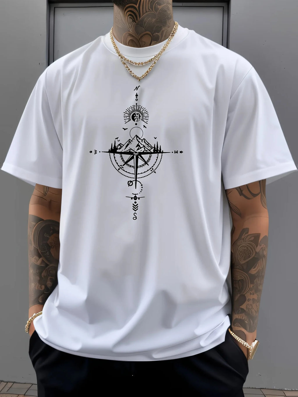 T-Shirt Compass Rétro - 100% Coton Oversize Casual Sport