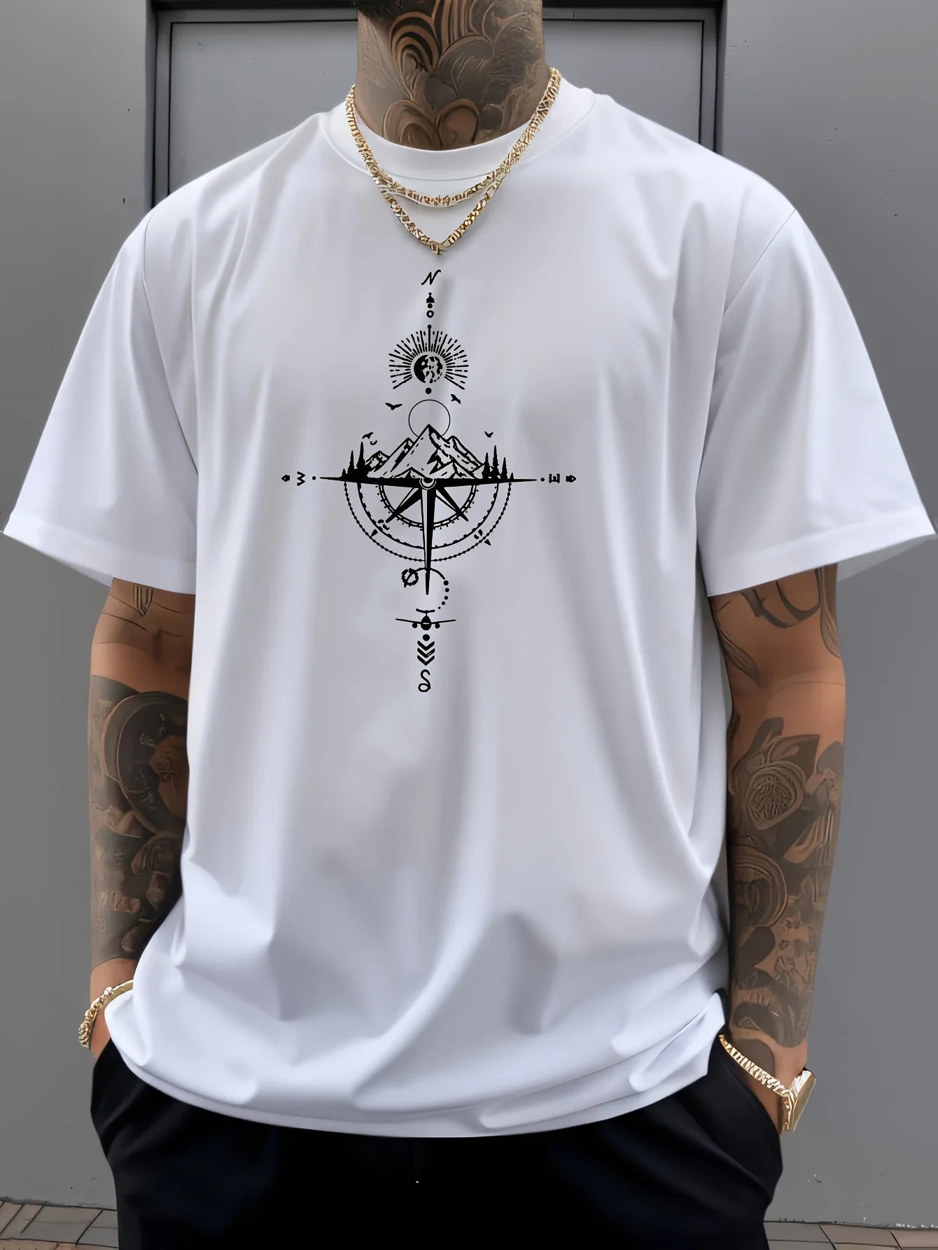 T-Shirt Compass Rétro - 100% Coton Oversize Casual Sport