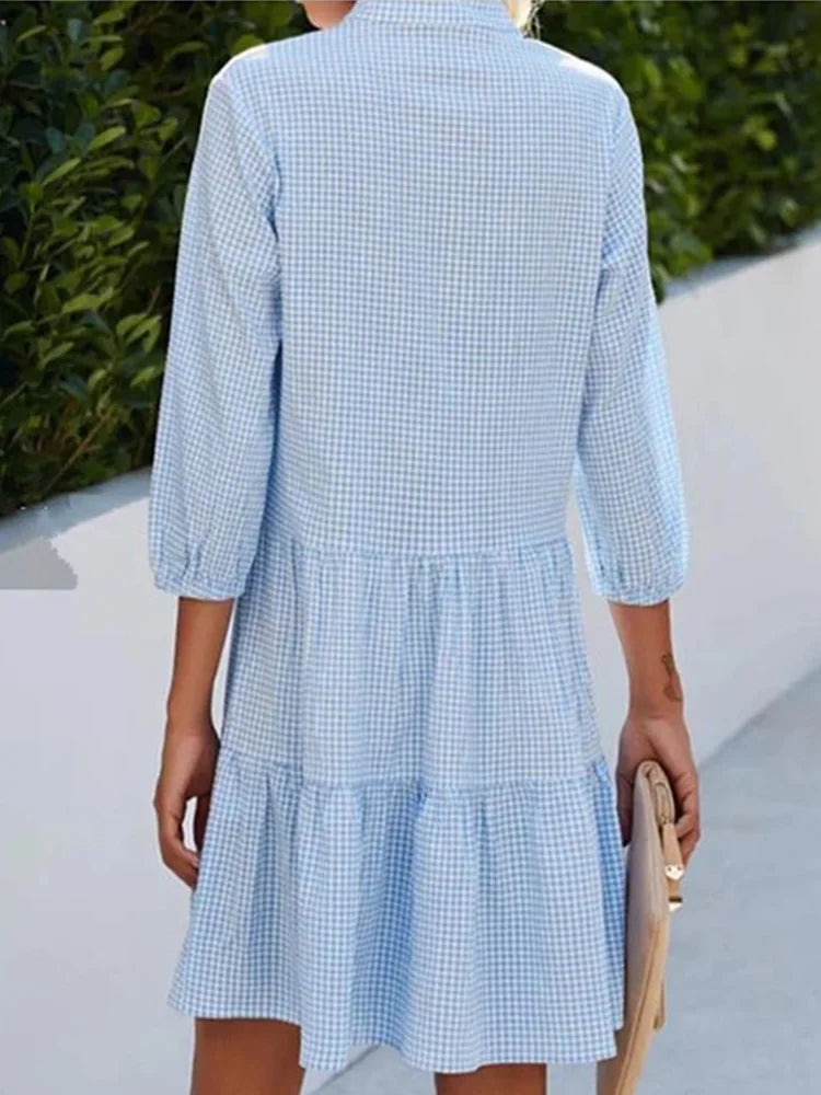Loose Shirt Style Dresses Women's Long Sleeved V-Neck Mini Dress Spring Autumn Lightweight Plaid Dress Robe