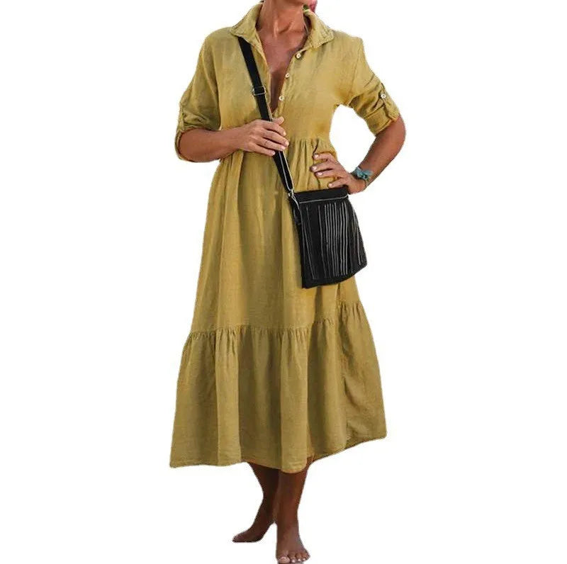 Women's New Cotton And Linen Mid Length Irregular Dress Autumn Loose Twist Button V-neck Half Sleeve Pullover Casual Dress Robe