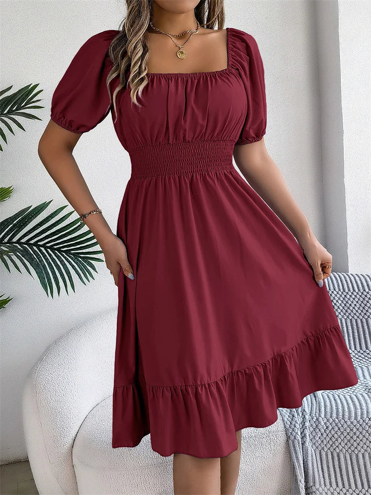 Msfilia Leisure Square Collar Spring Summer Dress Women Short Sleeve Loose Waist Design Lotus Leaf A-shaped Print Dress