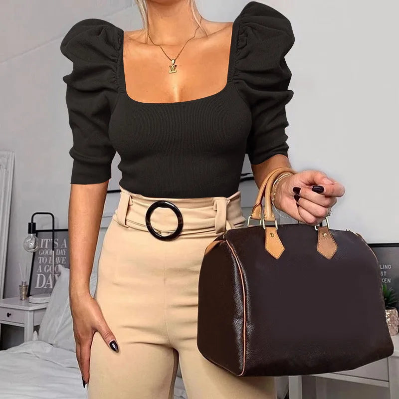 Sexy Puff Sleeve Bare Midriff Thread Knitted T Shirt Women Half Sleeves Bottoming Shirt Ladies Tee Shirt Tops Camisetas Mujer