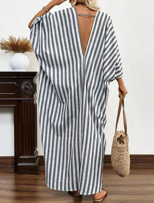 Casual Oversized Women's Dress, 2025 Summer New Sexy Deep V-neck Loose Striped Print Long Women's Dress Beach Vacation Sundress