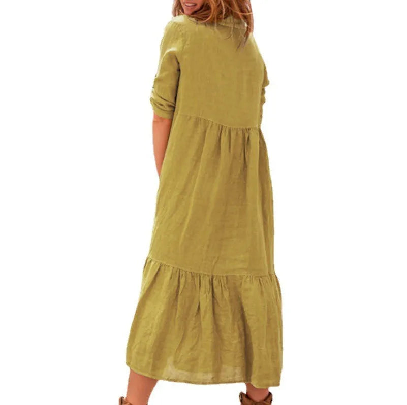 Women's New Cotton And Linen Mid Length Irregular Dress Autumn Loose Twist Button V-neck Half Sleeve Pullover Casual Dress Robe