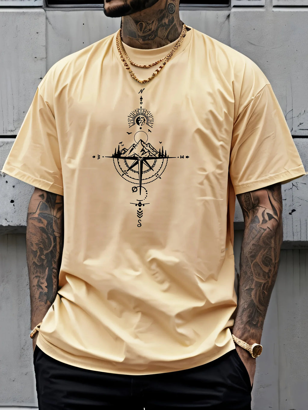 T-Shirt Compass Rétro - 100% Coton Oversize Casual Sport