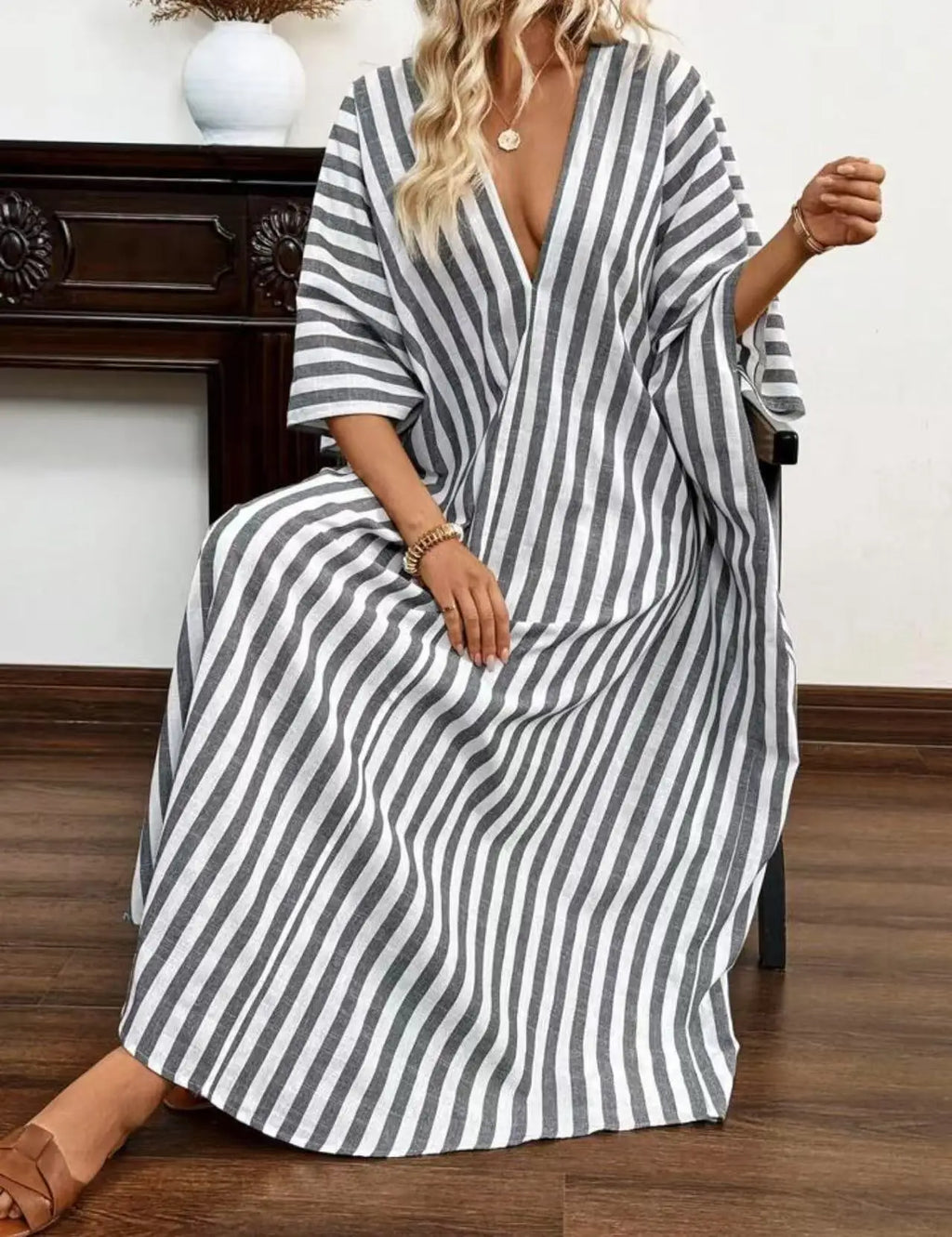 Casual Oversized Women's Dress, 2025 Summer New Sexy Deep V-neck Loose Striped Print Long Women's Dress Beach Vacation Sundress