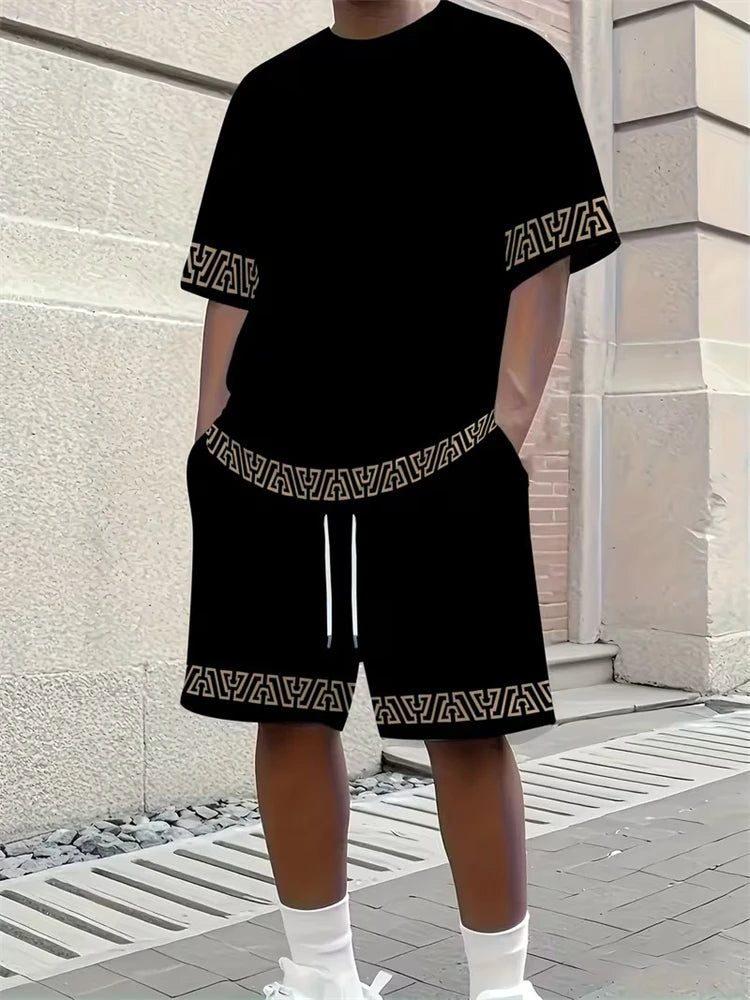 Cool And Trendy 3D Printed Men's Casual Short-sleeved Suit With Riding Style, New Men's Round-neck Short-sleeved Top And Shorts