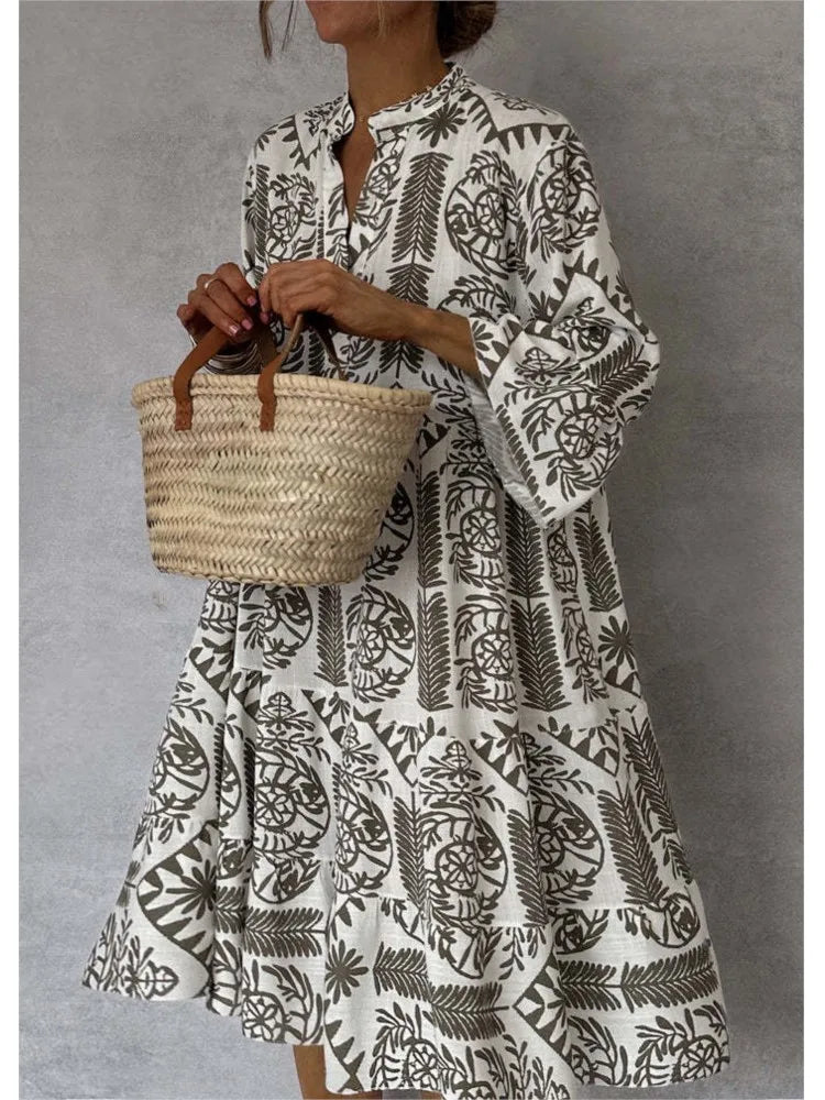 Casual Bohemian Style Print Midi Dresses Women Fashion V-neck 3/4 Sleeve Loose Shirt Dress Summer Female Beach Dress Vestidos