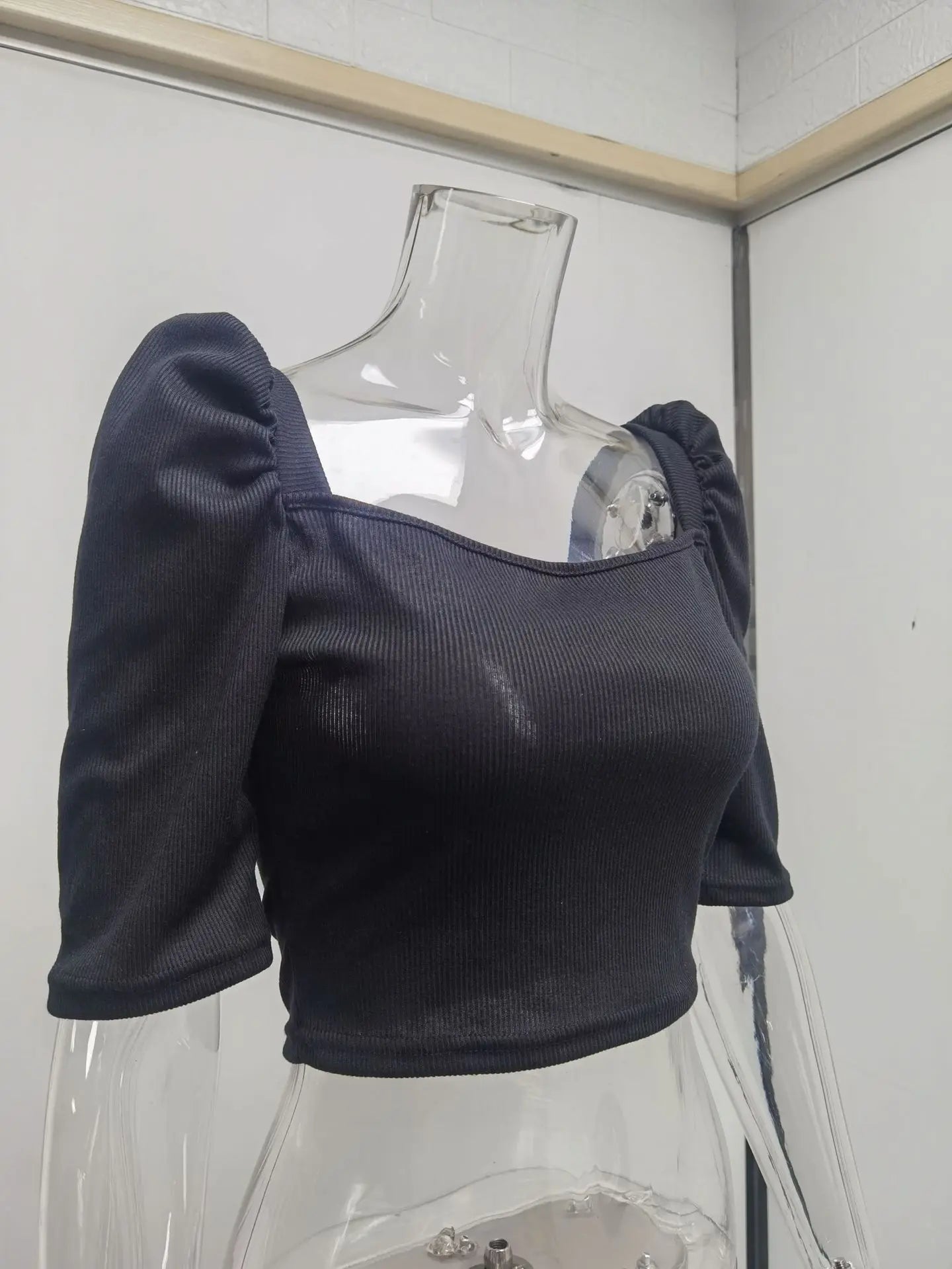 Sexy Puff Sleeve Bare Midriff Thread Knitted T Shirt Women Half Sleeves Bottoming Shirt Ladies Tee Shirt Tops Camisetas Mujer
