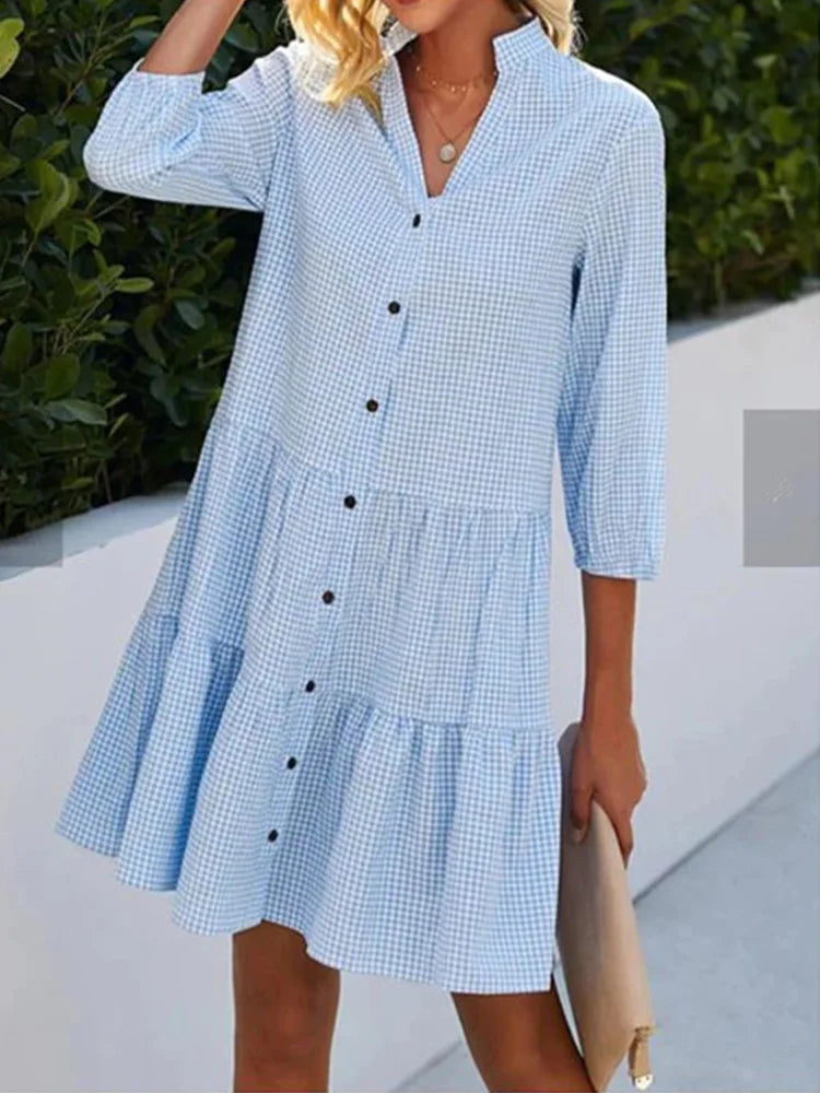 Loose Shirt Style Dresses Women's Long Sleeved V-Neck Mini Dress Spring Autumn Lightweight Plaid Dress Robe