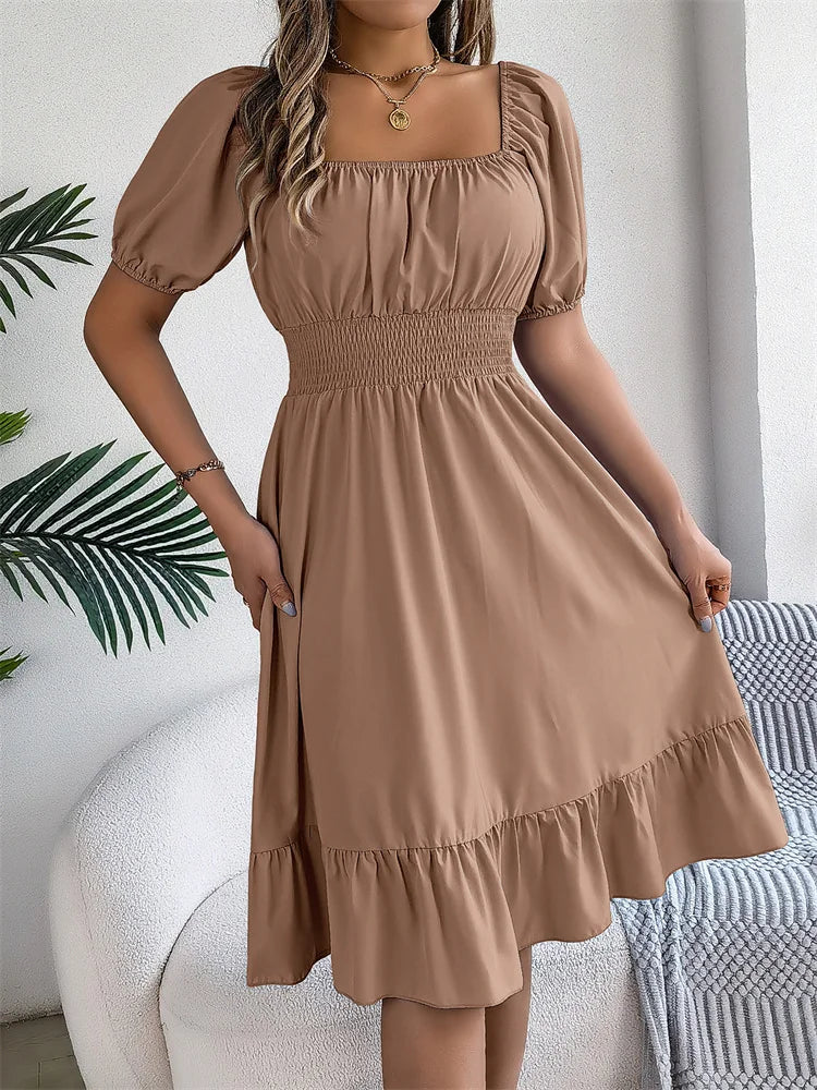 Msfilia Leisure Square Collar Spring Summer Dress Women Short Sleeve Loose Waist Design Lotus Leaf A-shaped Print Dress