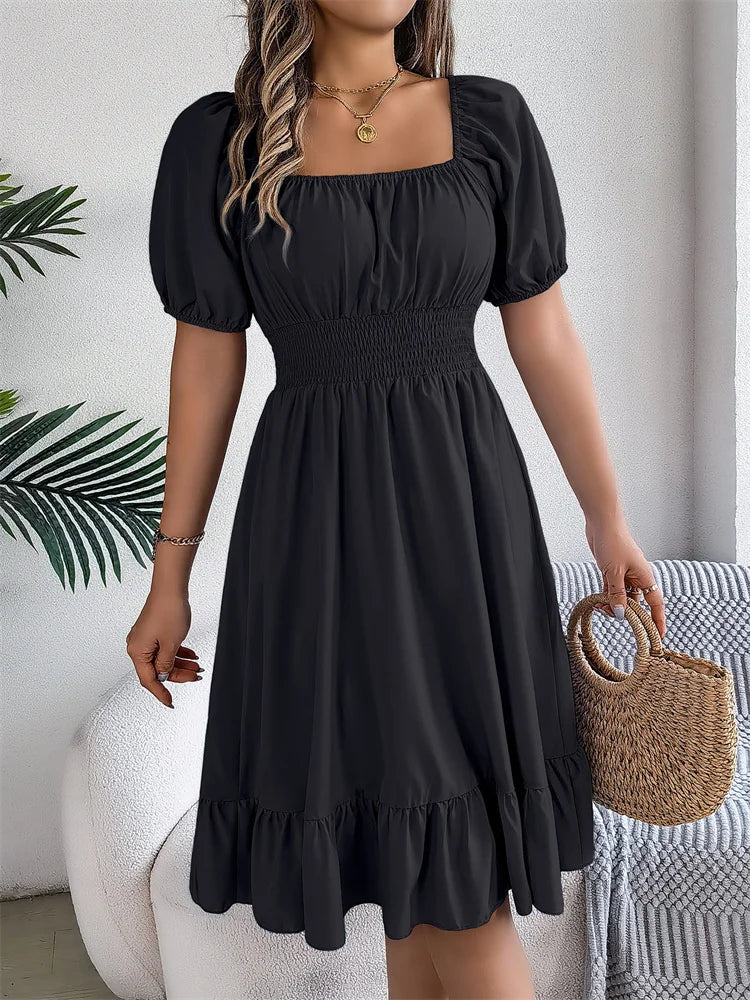Msfilia Leisure Square Collar Spring Summer Dress Women Short Sleeve Loose Waist Design Lotus Leaf A-shaped Print Dress