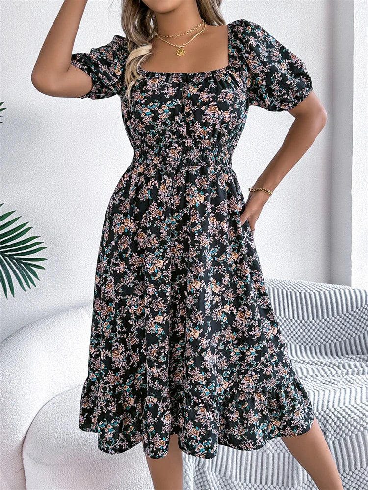 Msfilia Leisure Square Collar Spring Summer Dress Women Short Sleeve Loose Waist Design Lotus Leaf A-shaped Print Dress
