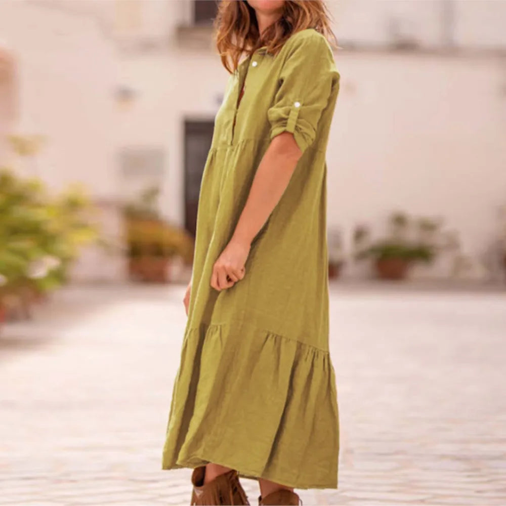 Women's New Cotton And Linen Mid Length Irregular Dress Autumn Loose Twist Button V-neck Half Sleeve Pullover Casual Dress Robe