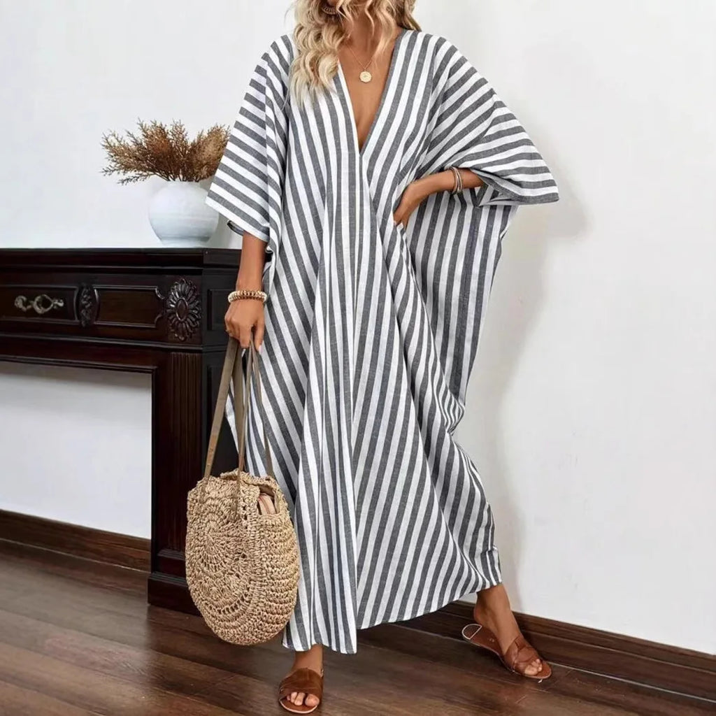 Casual Oversized Women's Dress, 2025 Summer New Sexy Deep V-neck Loose Striped Print Long Women's Dress Beach Vacation Sundress