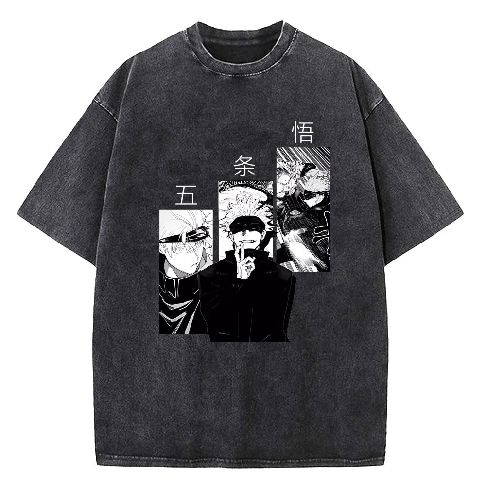Gojo Satoru Jujutsu Kaisen T Shirt Men Women Tshirt Vintage Washed Cotton T-shirt Clothing Summer Short Sleeve Tees Streetwear