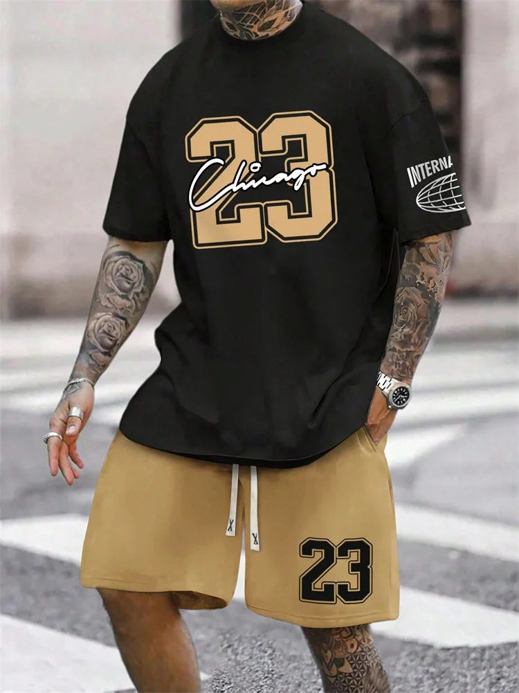 Summer Men's Short Sleeve T-shirt Shorts 2-piece Set Plus Size T Shirt Clothing O-neck T-shirts Side Pocket Elastic Waist Shorts