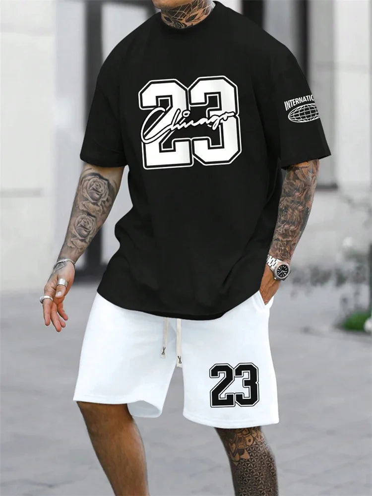 Summer Men's Short Sleeve T-shirt Shorts 2-piece Set Plus Size T Shirt Clothing O-neck T-shirts Side Pocket Elastic Waist Shorts