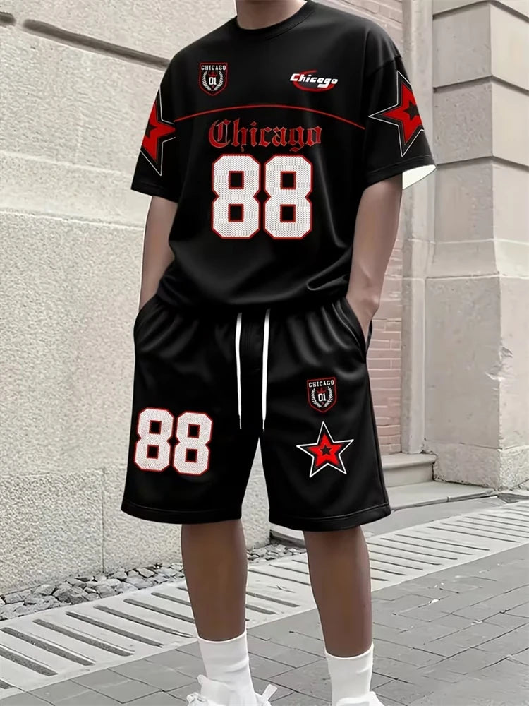 Cool And Trendy 3D Printed Men's Casual Short-sleeved Suit With Riding Style, New Men's Round-neck Short-sleeved Top And Shorts